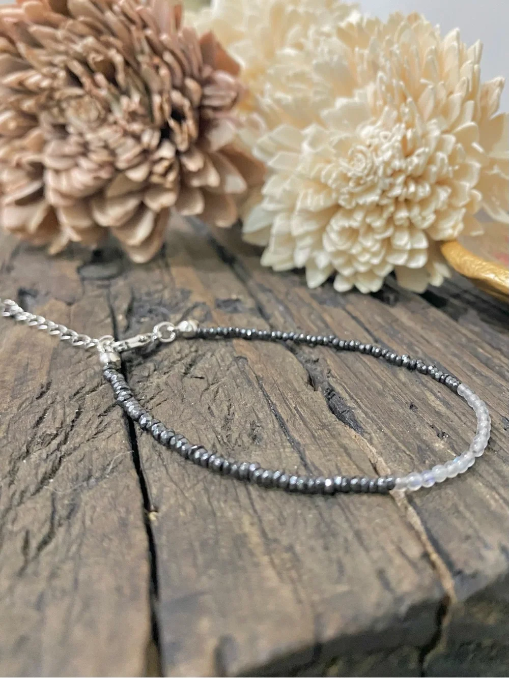 Dainty Chain Bracelet, Tiny Hematite & Labradorite beads, 18k Gold Filled Chain